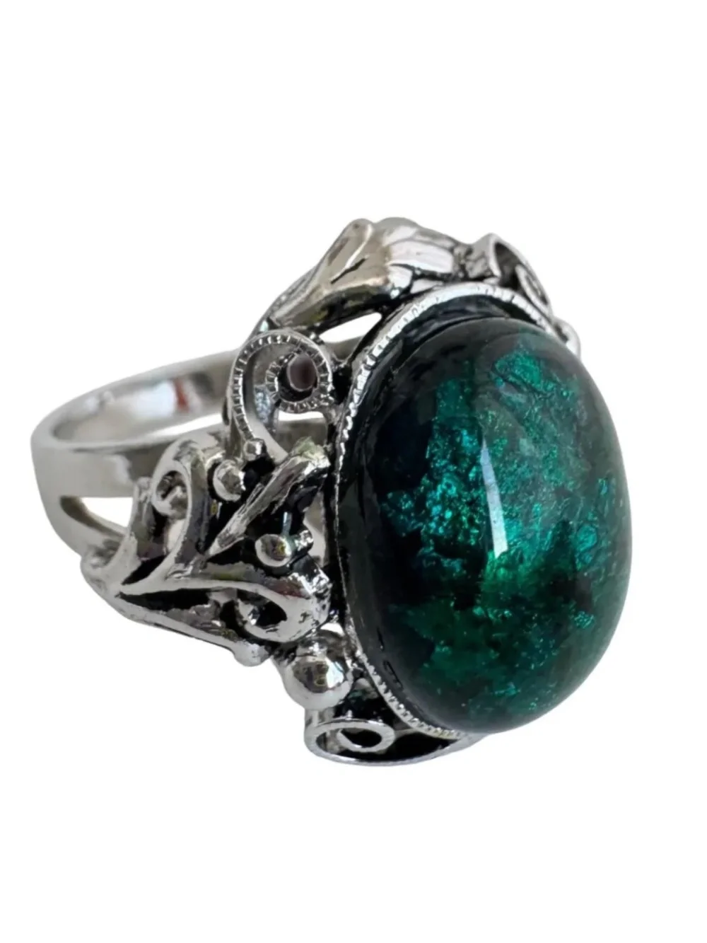 Vintage Japanese Cloisonne Ring Green Enamel Cabochon Statement Adjustable Sz 7